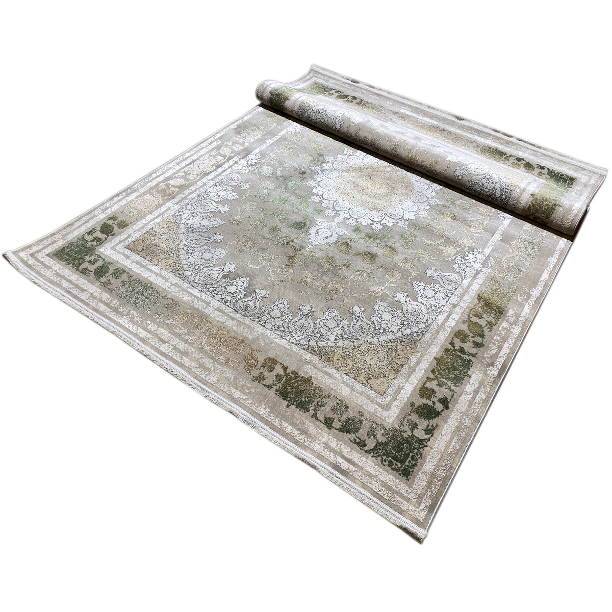 Rectangular rug in silver-gray with floral ornamentation and green border stripes