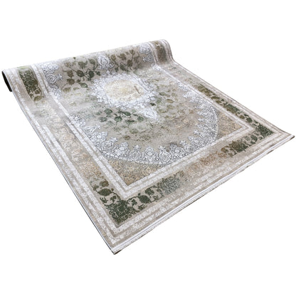 Rectangular rug with an embossed border pattern in silver-gray, cream, and green