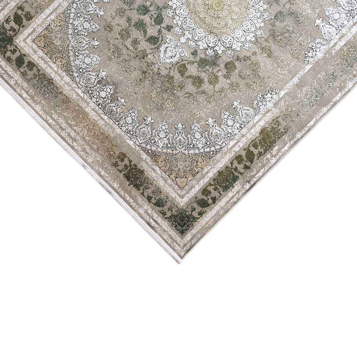 Rug 170x240 cm with a decorative border and floral ornaments in green and silver