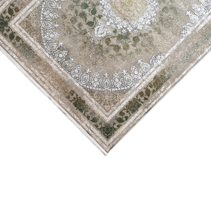 Rug 170x240 cm with a decorative border and floral ornaments in green and silver