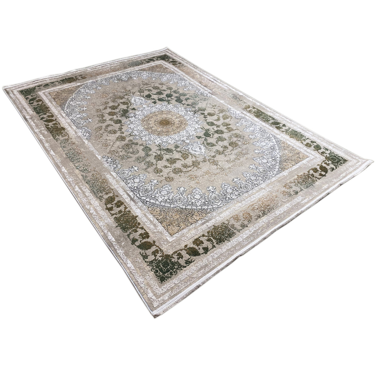 Rug 170x240 cm, placed at an angle: central medallion, beige background, silver border