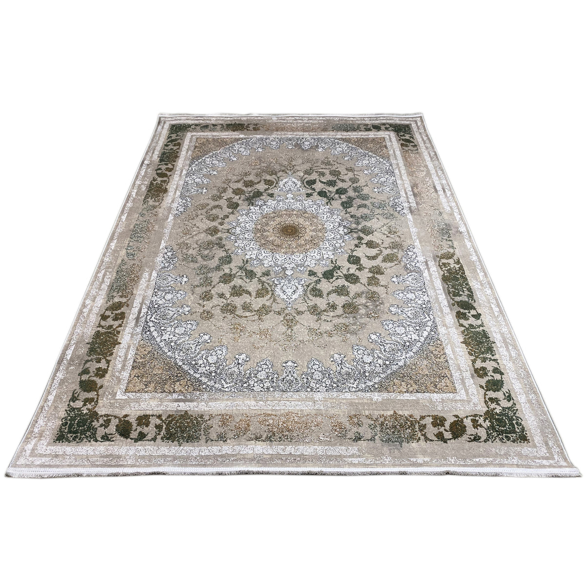 Rug 170x240 cm with a round center and botanical ornaments in forest green and silver