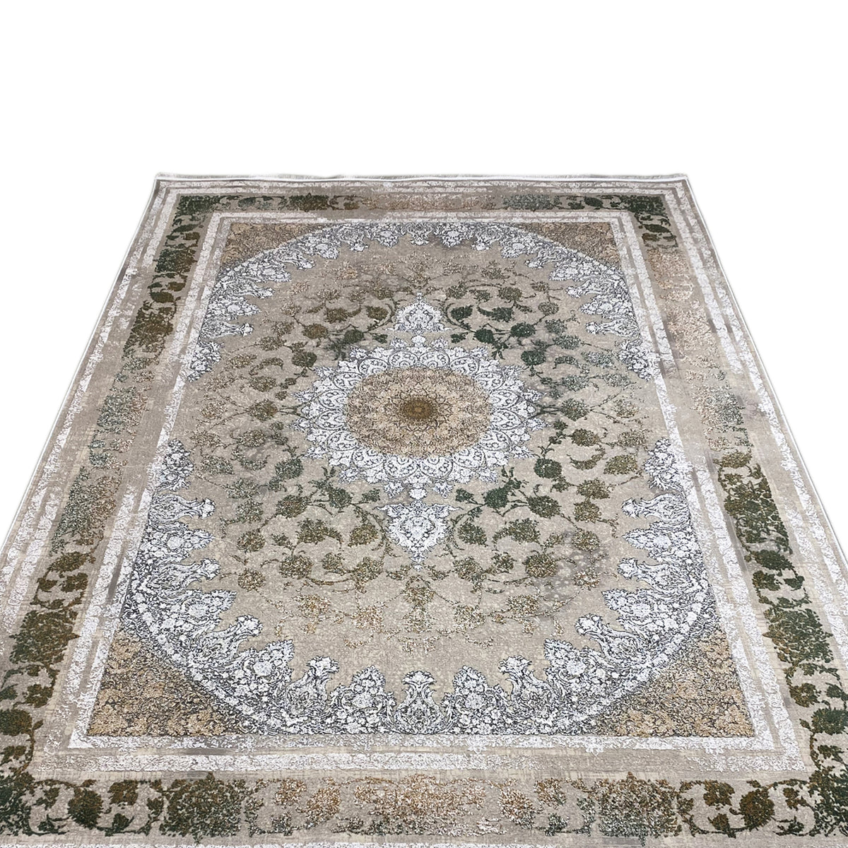 Rug 170x240 cm, close-up: floral ornaments, green accents and silver-colored border