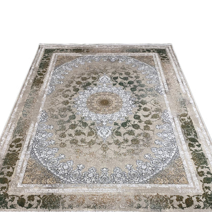 Rug 170x240 cm, close-up: floral ornaments, green accents and silver-colored border
