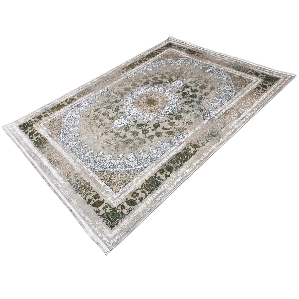 Rug 170x240 cm, diagonal overall view with medallion, border ornaments, and shades of green