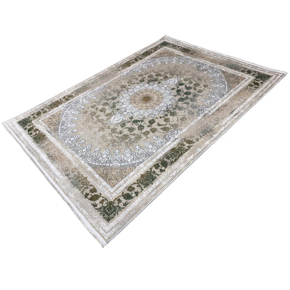 Rug 170x240 cm, diagonal overall view with medallion, border ornaments, and shades of green