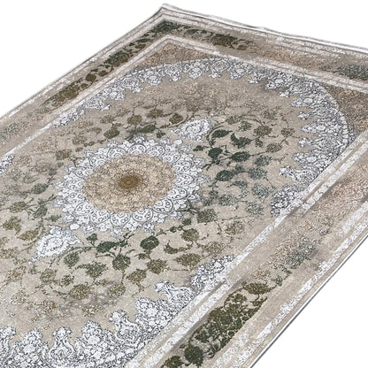 Rug 170x240 cm, detail view: medallion, green leaf ornaments and silver patterns