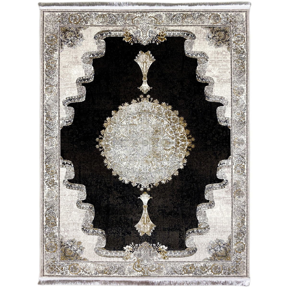 Rug 170x240 cm: black background with a silver medallion and gold ornaments