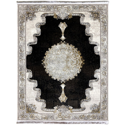 Rug 170x240 cm: black background with a silver medallion and gold ornaments