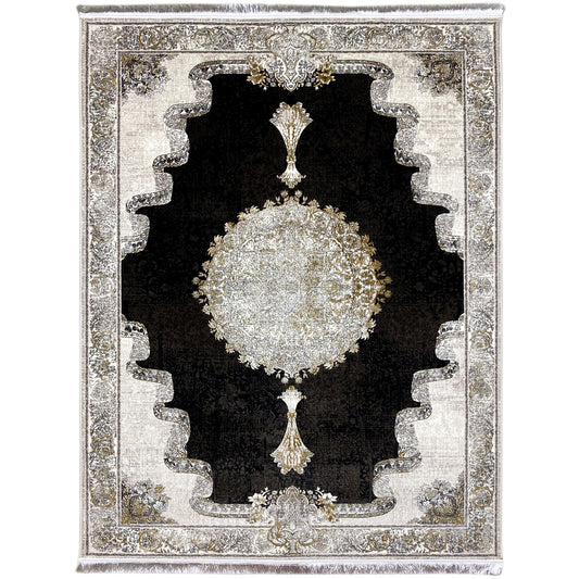 Rug 170x240 cm: black background with a silver medallion and gold ornaments