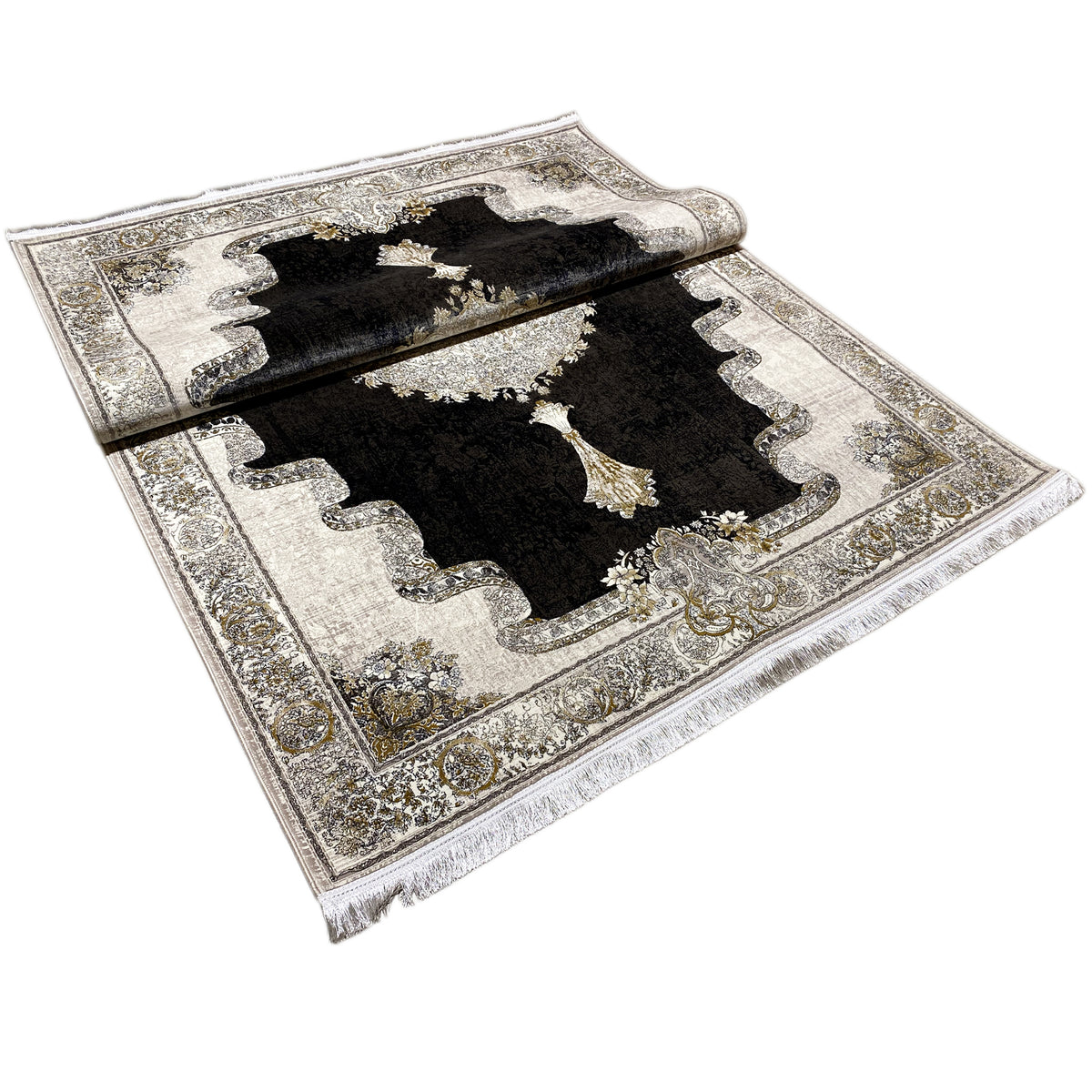 Rug 170x240 cm: black central area with a silver decorative border and a gold tassel