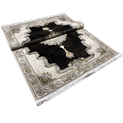 Rug 170x240 cm: black central area with a silver decorative border and a gold tassel