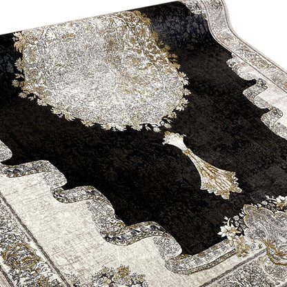 Nightshade rug 170x240 cm, rectangular; black with a large light-gold ornamental design