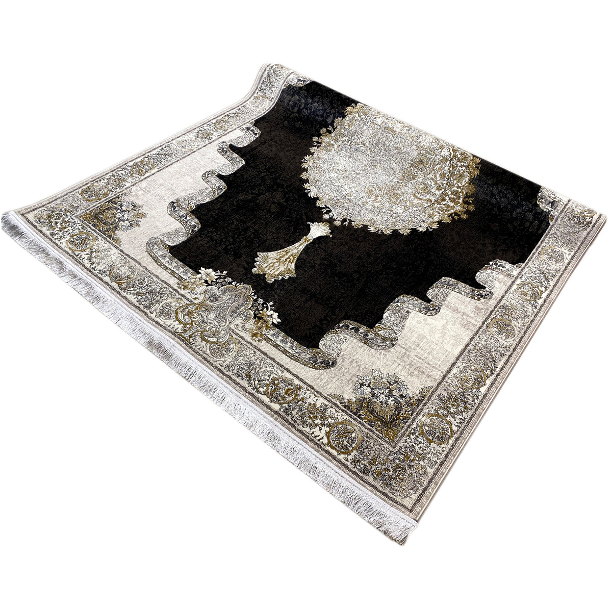 Carpet Nightshade 170x240 cm, rectangular; black and light silver with gold embellishments