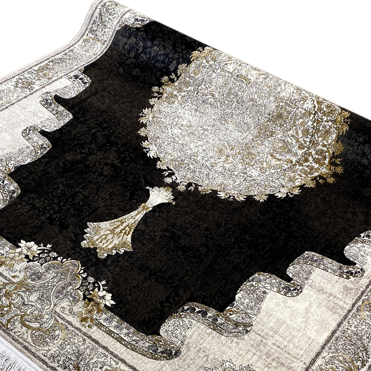Rug Nightshade 170x240 cm, rectangular; black surface with silver ornamental inlays