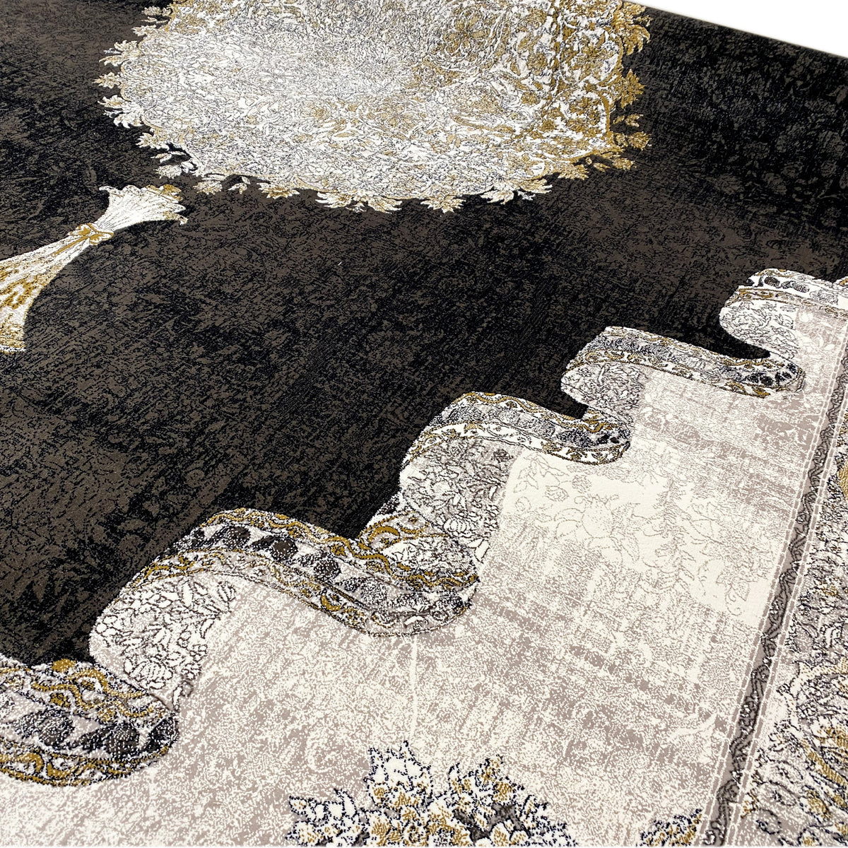 Nightshade rug 170x240 cm, rectangular; black with light woven patterned sections