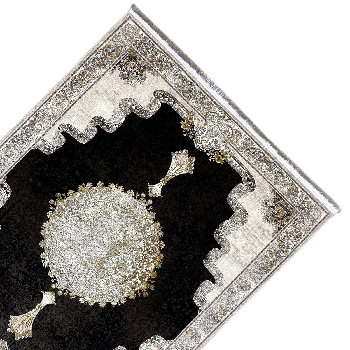 Rug 170x240 cm: black inner area with a silver border and gold appliqués