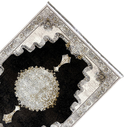 Rug 170x240 cm: black inner area with a silver border and gold appliqués