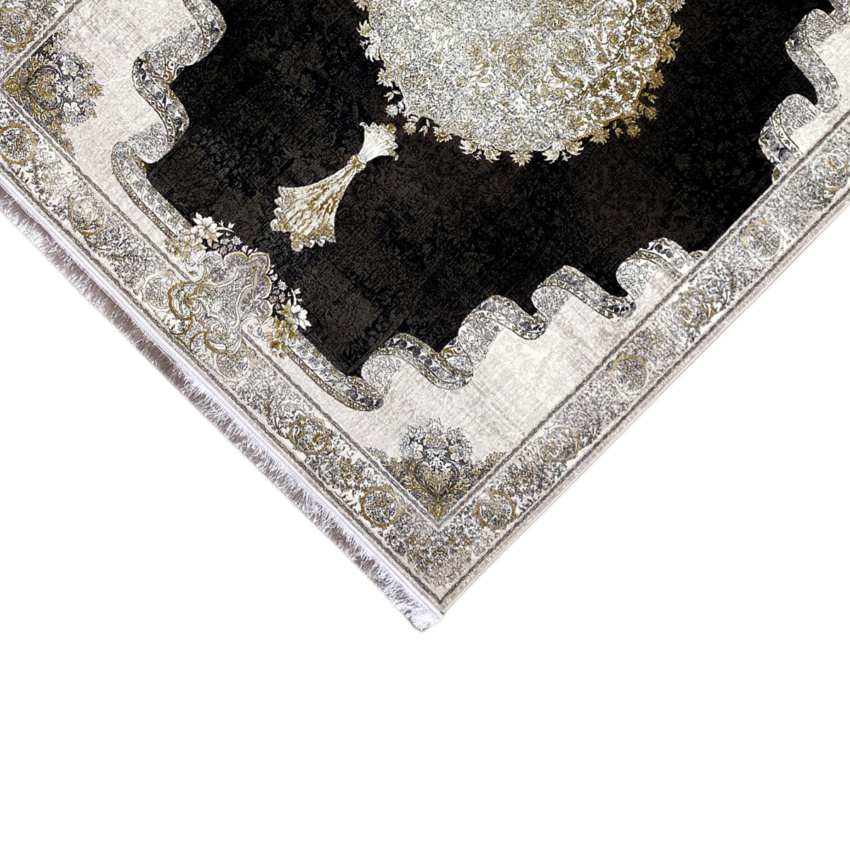 Rug 170x240 cm: diagonal view, black pile with silver decorative borders and fringes