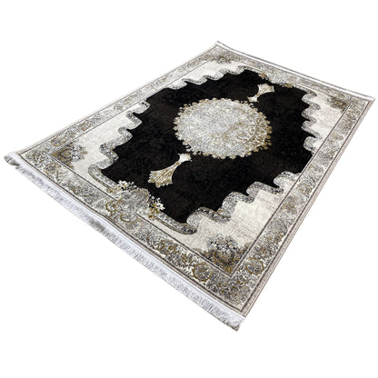 Rug 170x240 cm with a round silver medallion, black background, and gold details