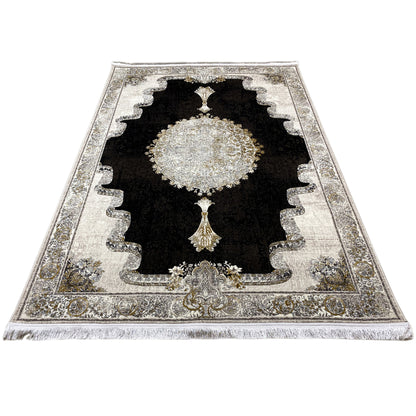 Rug 170x240 cm: black and silver ornamental pattern with a gold central accent
