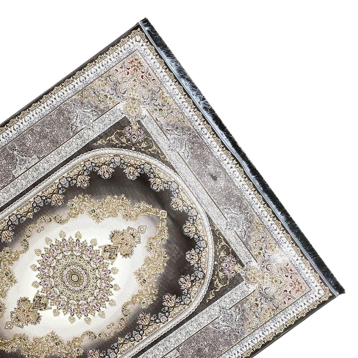 Smoke-gray rug with an oriental medallion, finely patterned border, and fringe along the edge.