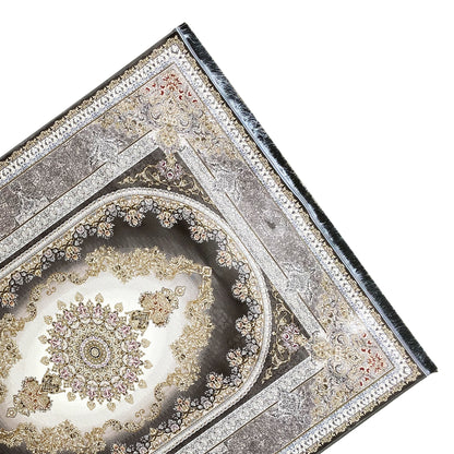Smoke-gray rug with an oriental medallion, finely patterned border, and fringe along the edge.