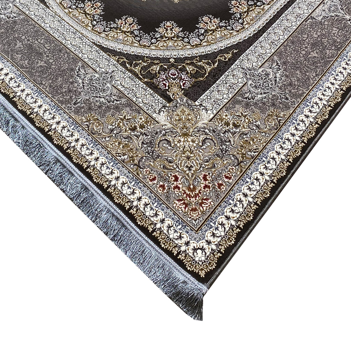 Smoky gray carpet with Baroque ornaments, a dark border, and gold decorative lines