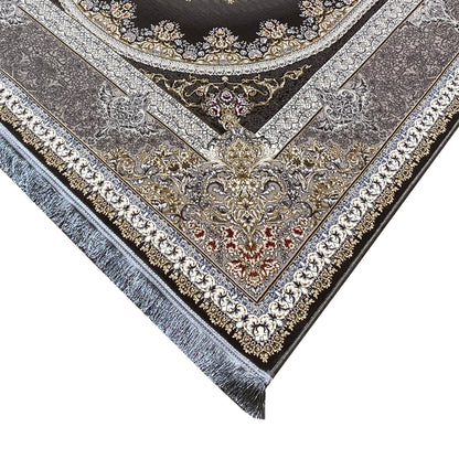 Smoky gray carpet with Baroque ornaments, a dark border, and gold decorative lines