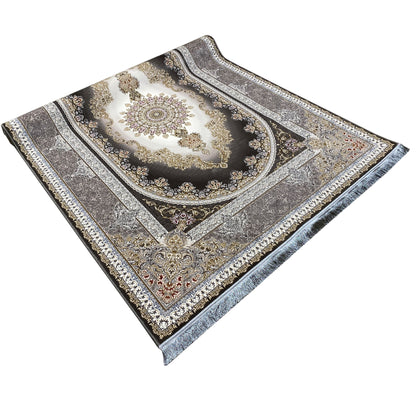 Smoke-gray rug 170x240 cm with a large medallion, wide border, and short fringes
