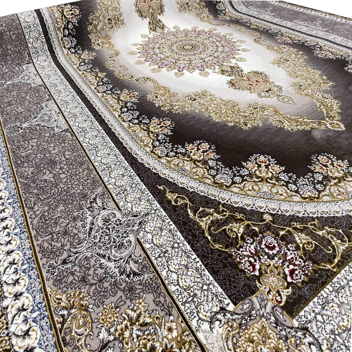 Smoke-gray rug with textured stripes, an ornamental border, and gold corners