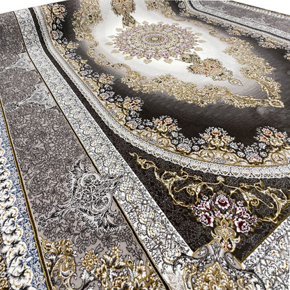 Smoke-gray rug with textured stripes, an ornamental border, and gold corners