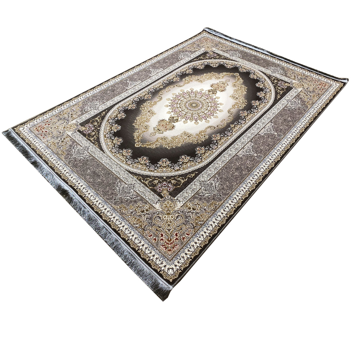 Smoke-gray rug with a central cream and gold medallion, surrounded by decorative lines.