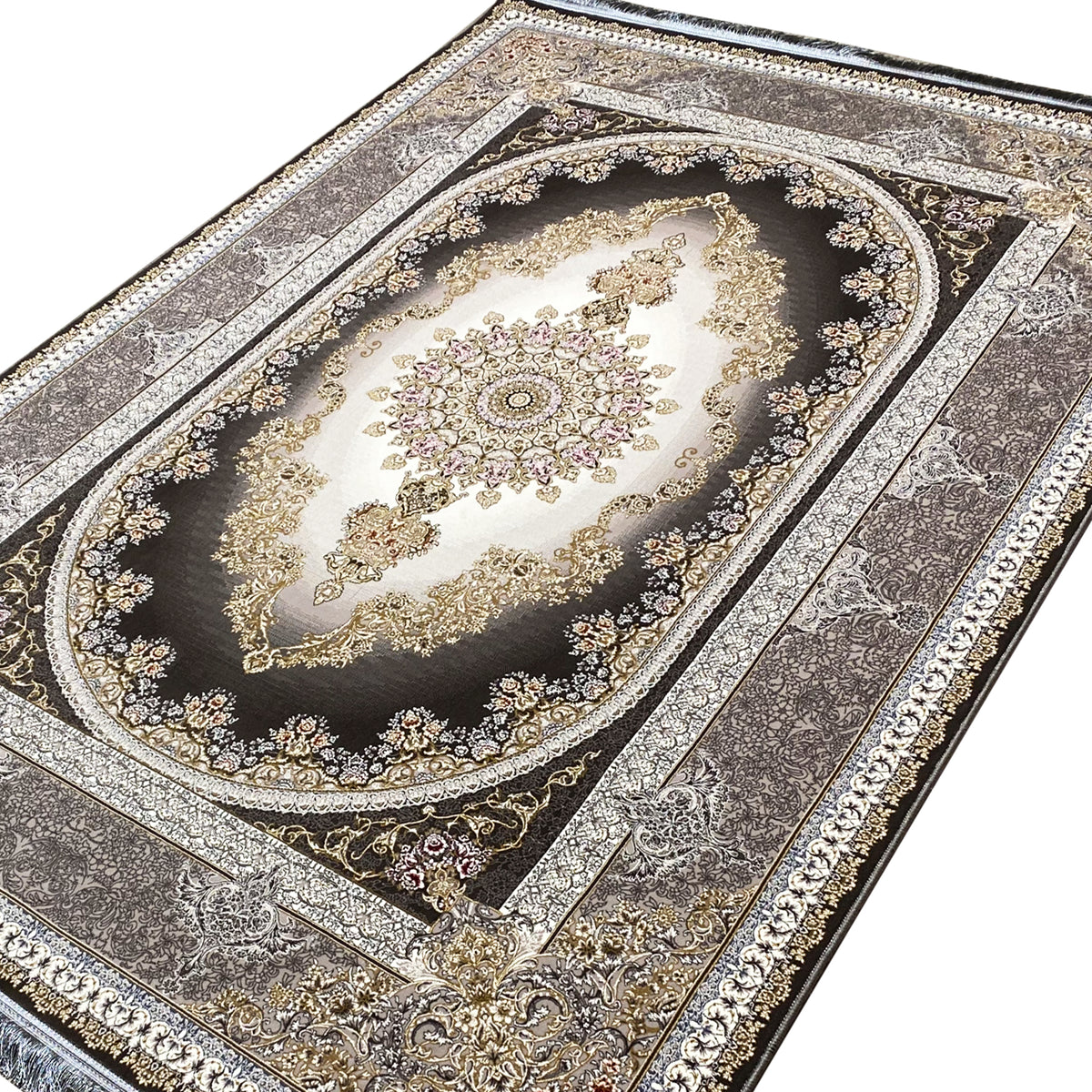 Smoke-gray rug: large medallion, ornamental vines, and curved borders with gold accents.