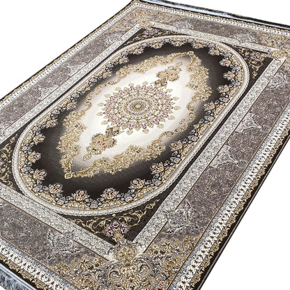 Smoke-gray rug: large medallion, ornamental vines, and curved borders with gold accents.