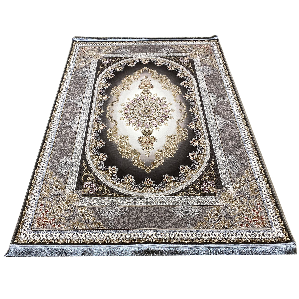 Smoke-gray rug in a still image: central oval medallion, broad ornamental border, and fringes.