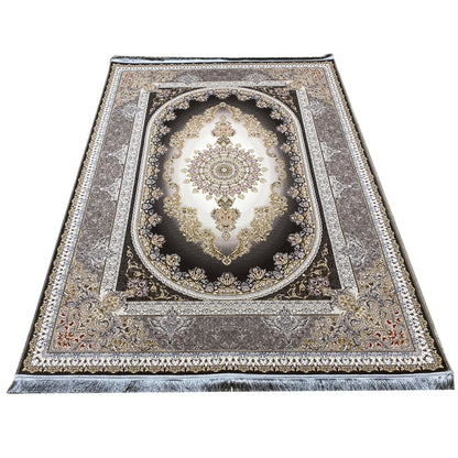 Smoke-gray rug in a still image: central oval medallion, broad ornamental border, and fringes.