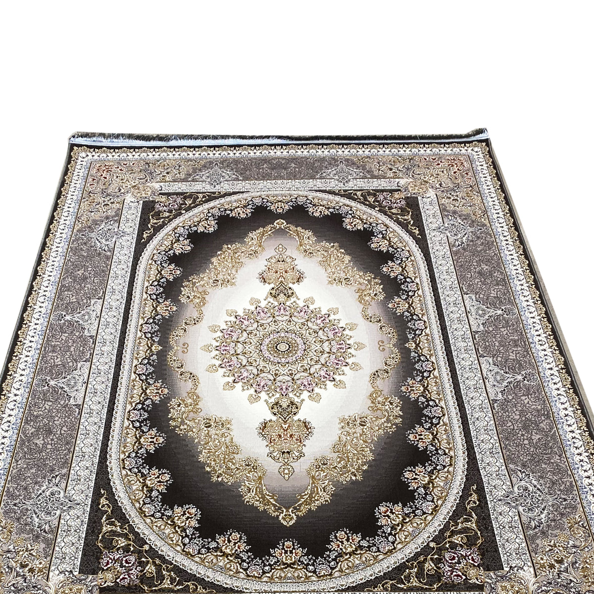 Smoke-gray rug with a symmetrical medallion in cream, gold details, and a dark background oval.