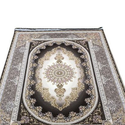 Smoke-gray rug with a symmetrical medallion in cream, gold details, and a dark background oval.