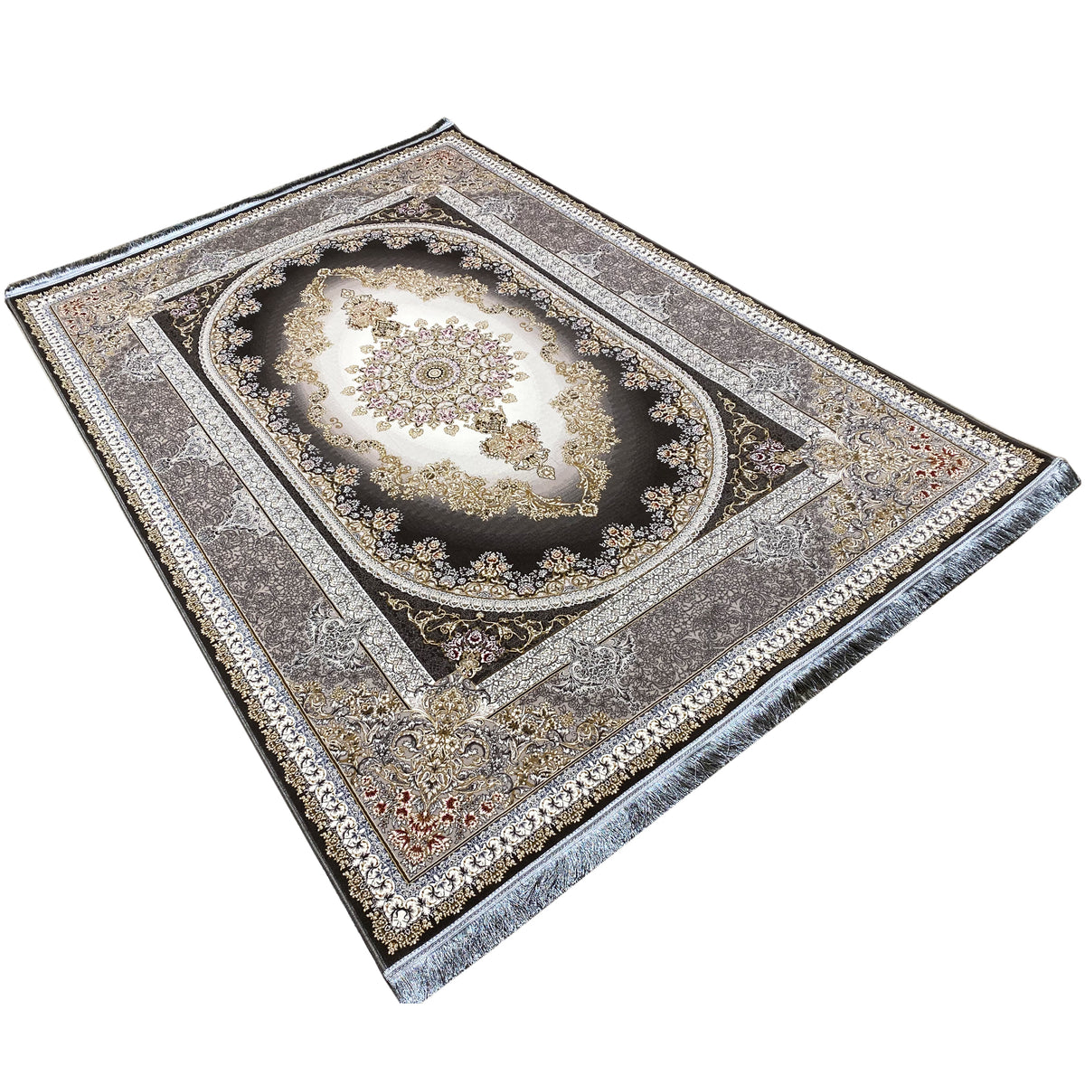 Smoke-gray carpet viewed from the side: rectangular ornamental field with a medallion and decorative border.