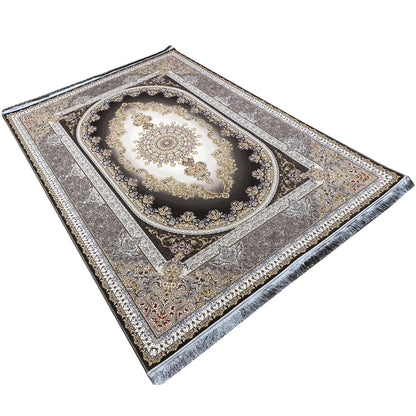 Smoke-gray carpet viewed from the side: rectangular ornamental field with a medallion and decorative border.