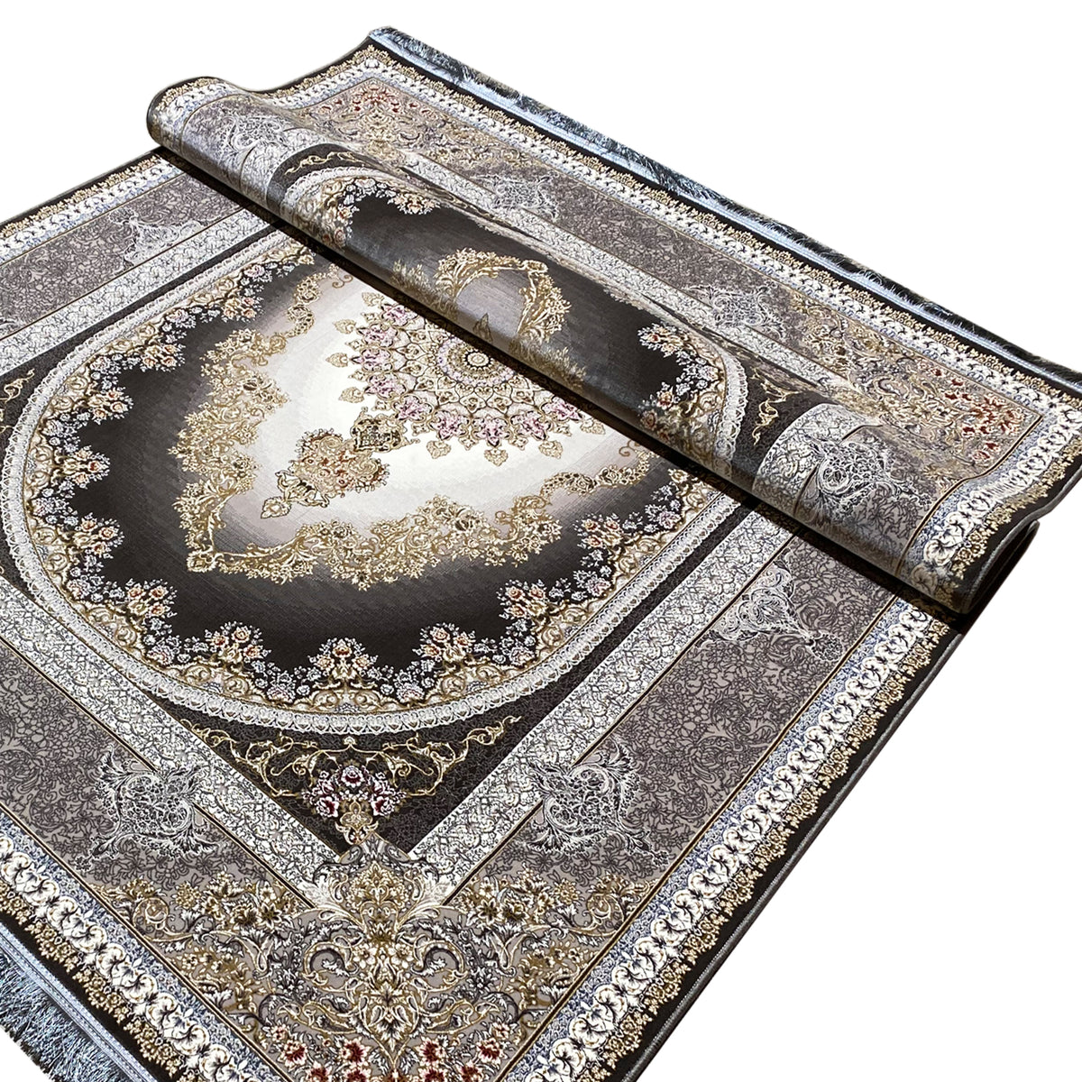 Smoke-gray rug at an angle: medallion in the center, dark border, and smooth patterned trim.