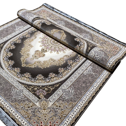 Smoke-gray rug at an angle: medallion in the center, dark border, and smooth patterned trim.
