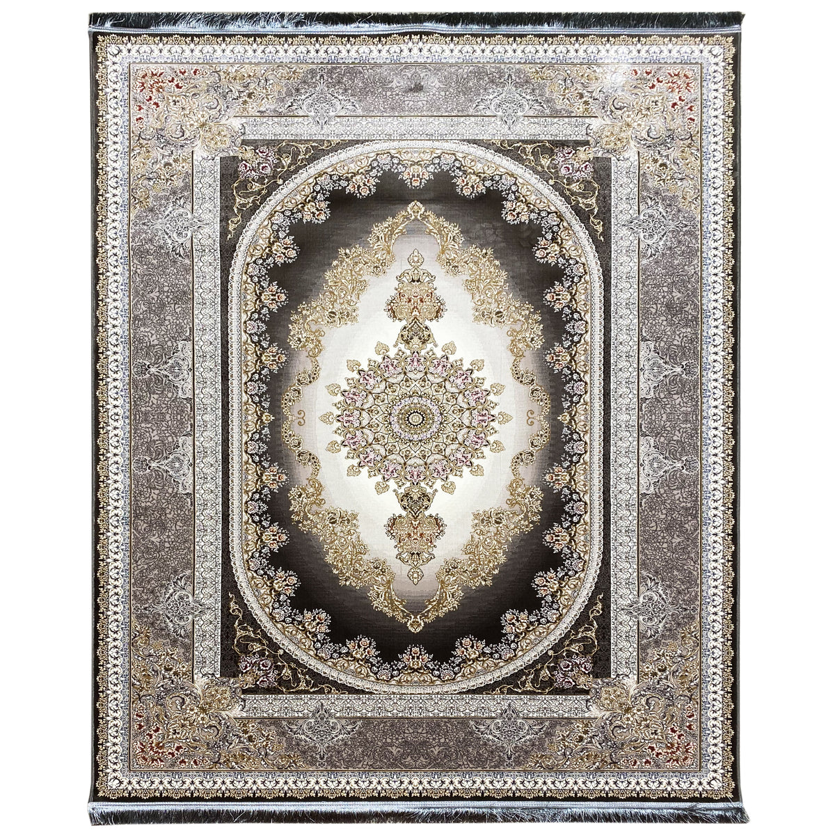 Smoke-gray rug with an oval decorative medallion and ornamental borders in black, gold, and white.
