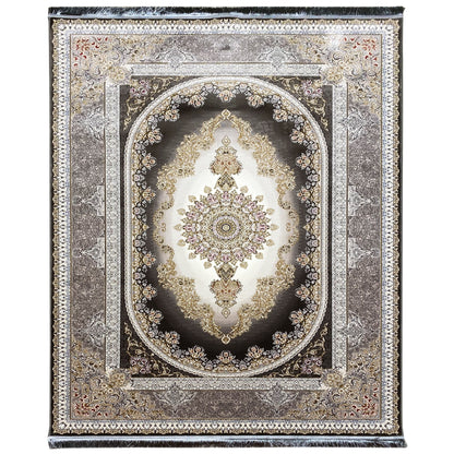 Smoke-gray rug with an oval decorative medallion and ornamental borders in black, gold, and white.