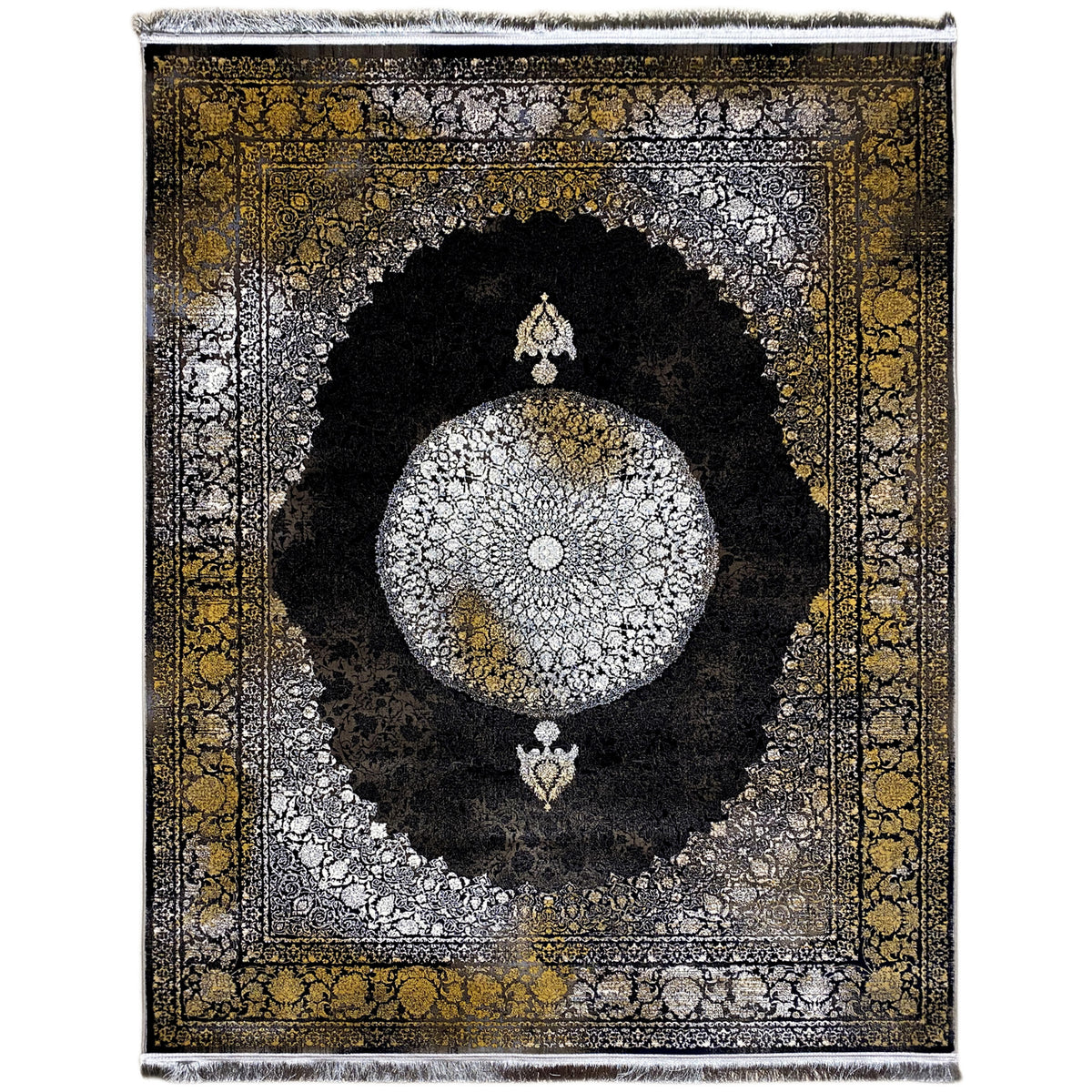 Oriental rug 170x240 cm with a black medallion, silver patterns, and a gold border
