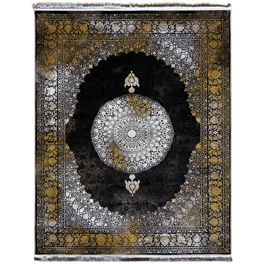 Oriental rug 170x240 cm with a black medallion, silver patterns, and a gold border