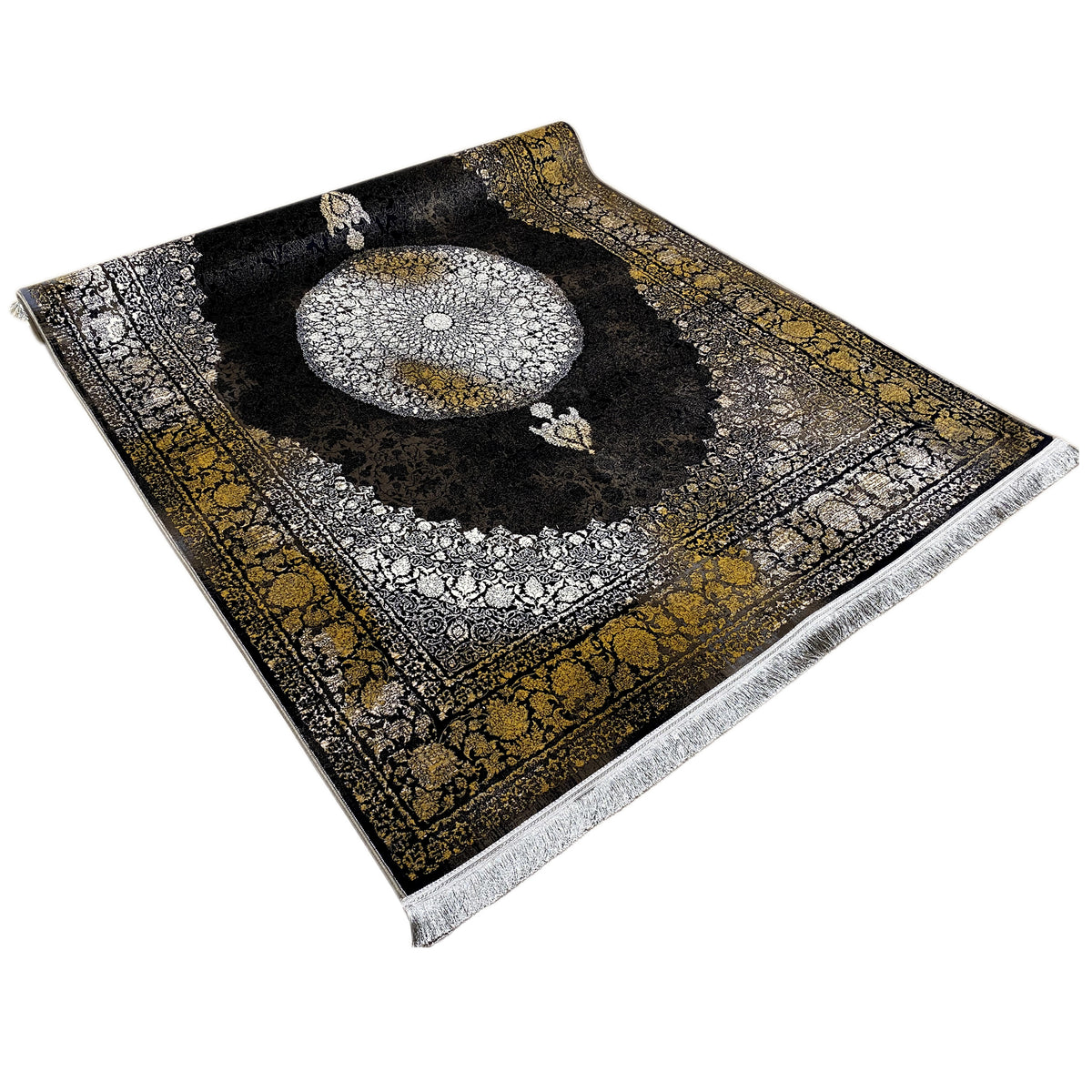 Carpet 170x240 cm with a black cosmic pattern, silver circles, and gold borders