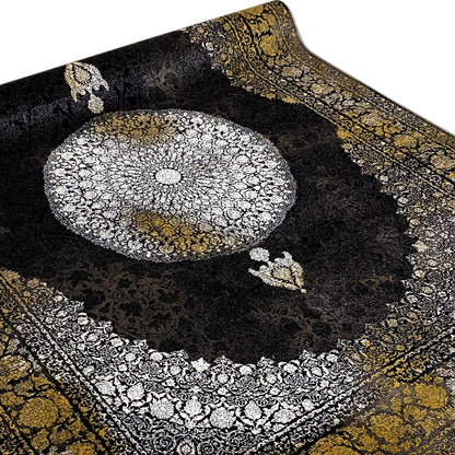 Rug with a black cosmic pattern, a silver circular area, and gold-colored decorative bands