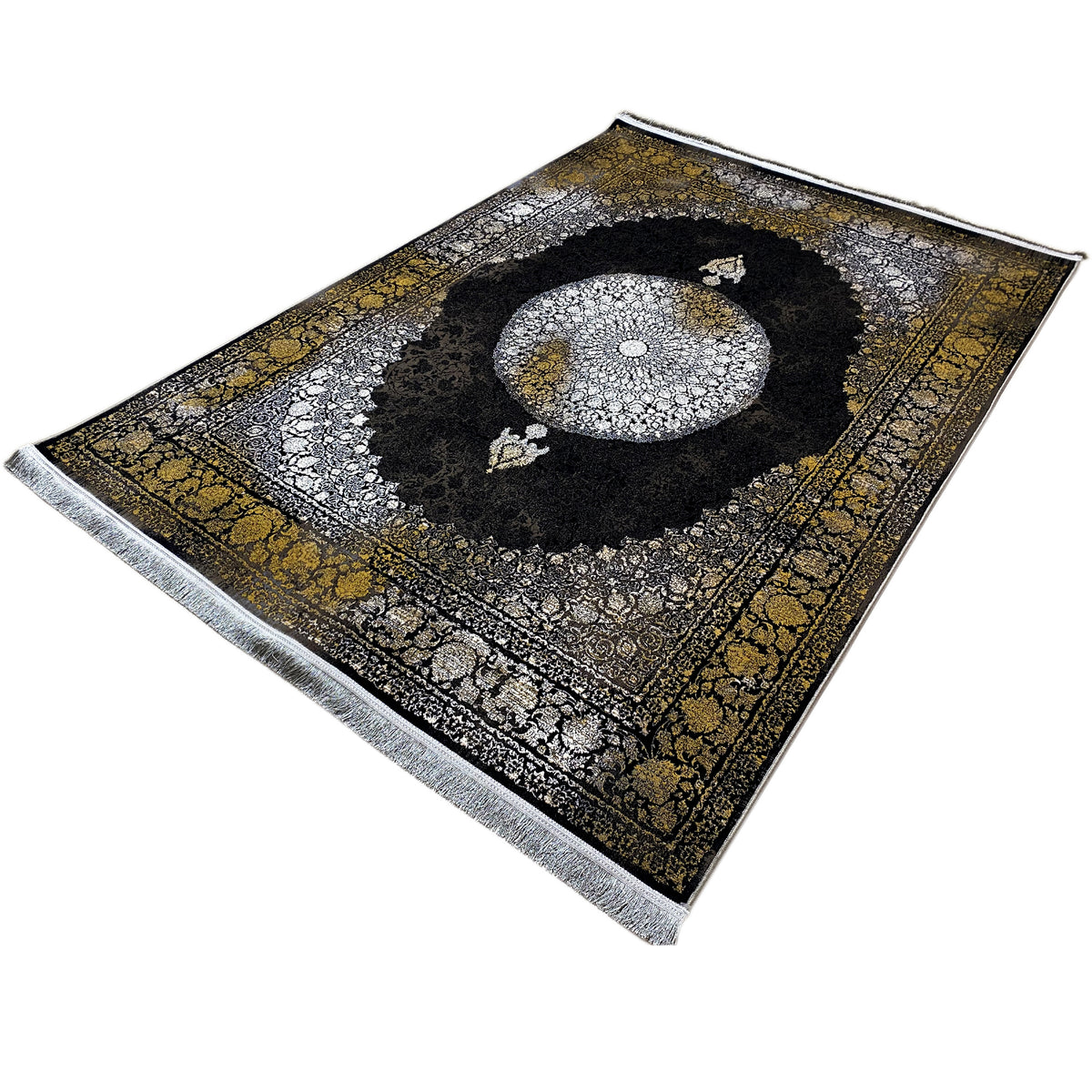 Oriental rug 170x240 cm, shown diagonally: black inner circle, silver-gold embellishments